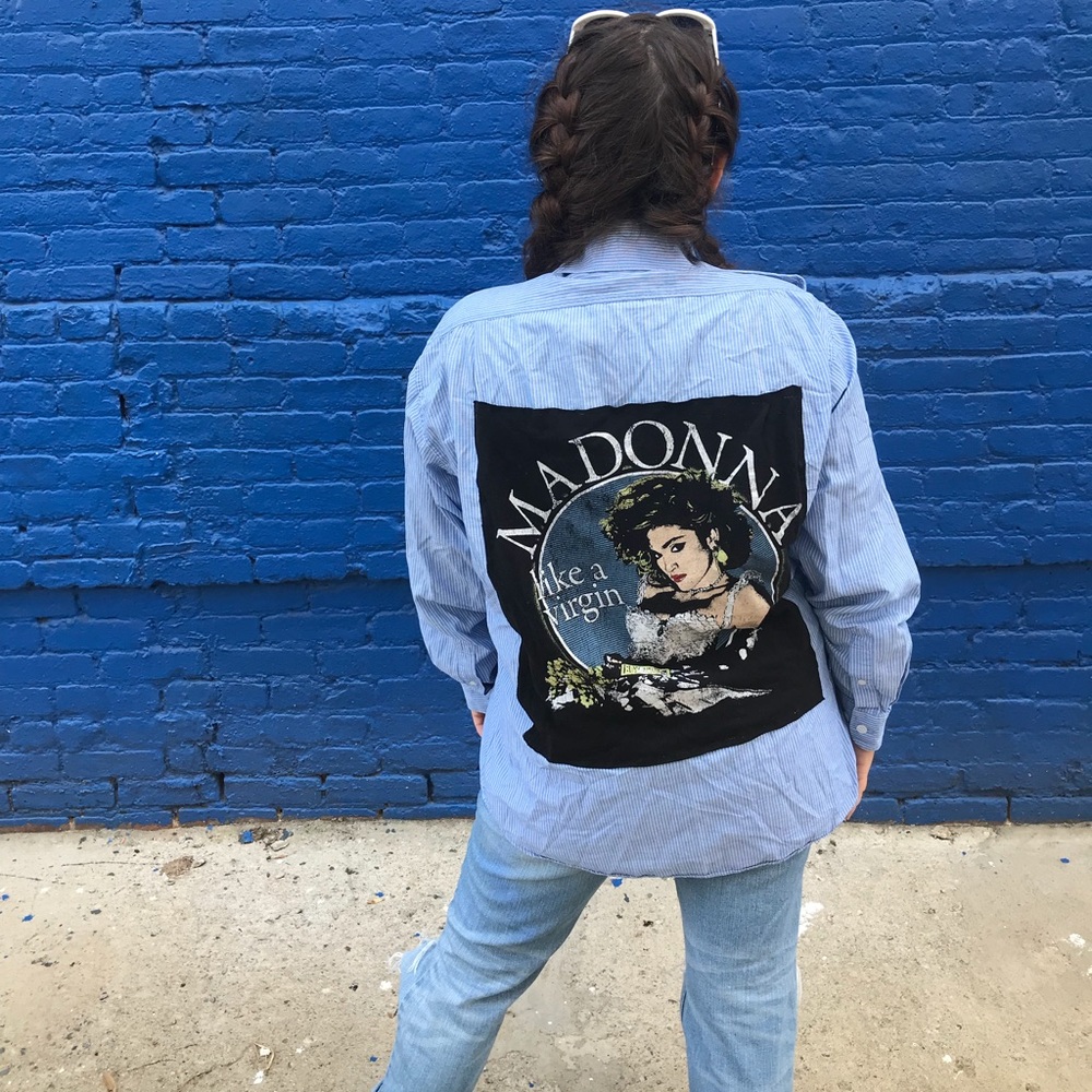 Striped Button Down with Madonna Design - Picture 1 of 5